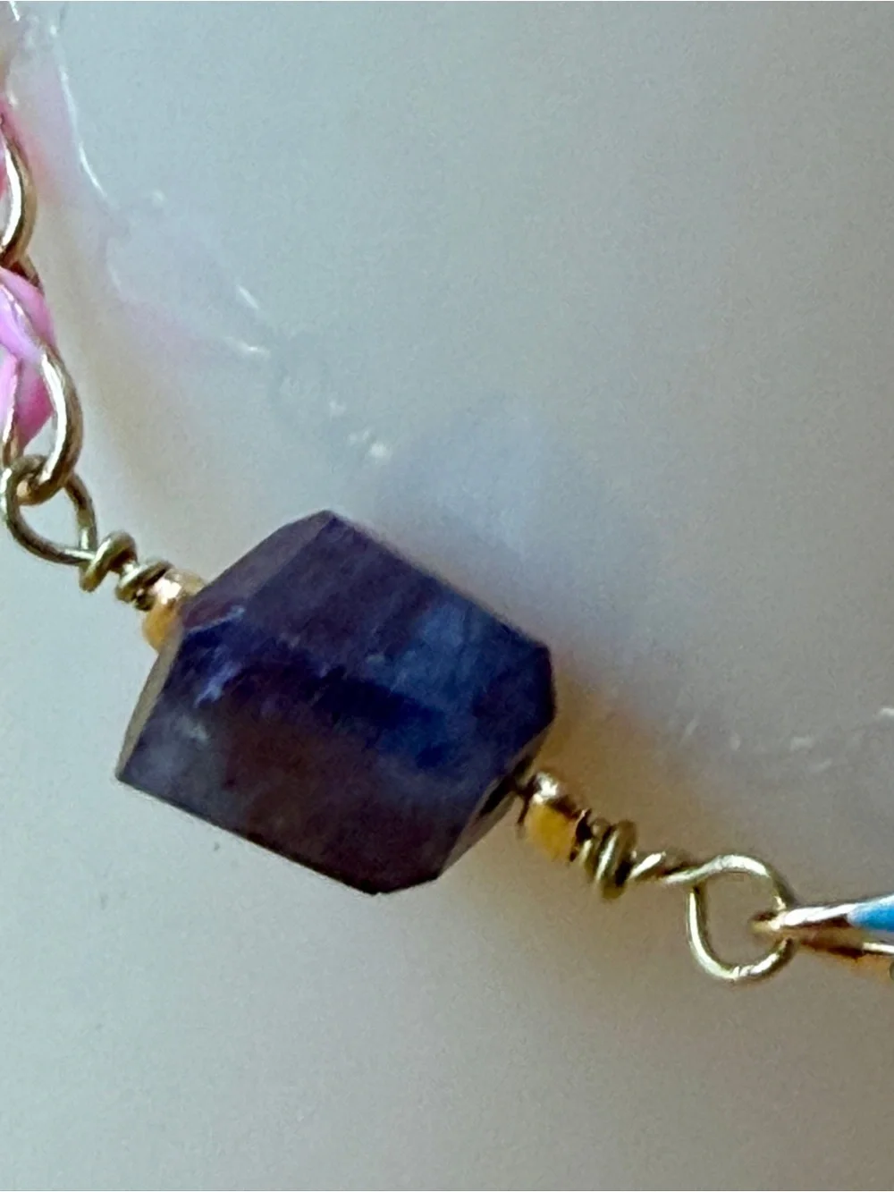 Handmade Gold Chain Bracelet with Pink & Blue Enamel and Genuine Iolite Stone